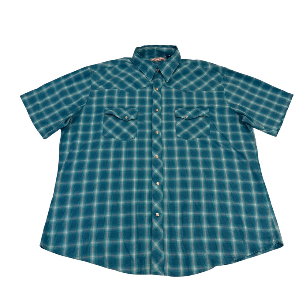 Wrangler Wrancher Mens XL Short Sleeve Teal Plaid‎ Pearl Snap Western Shirt